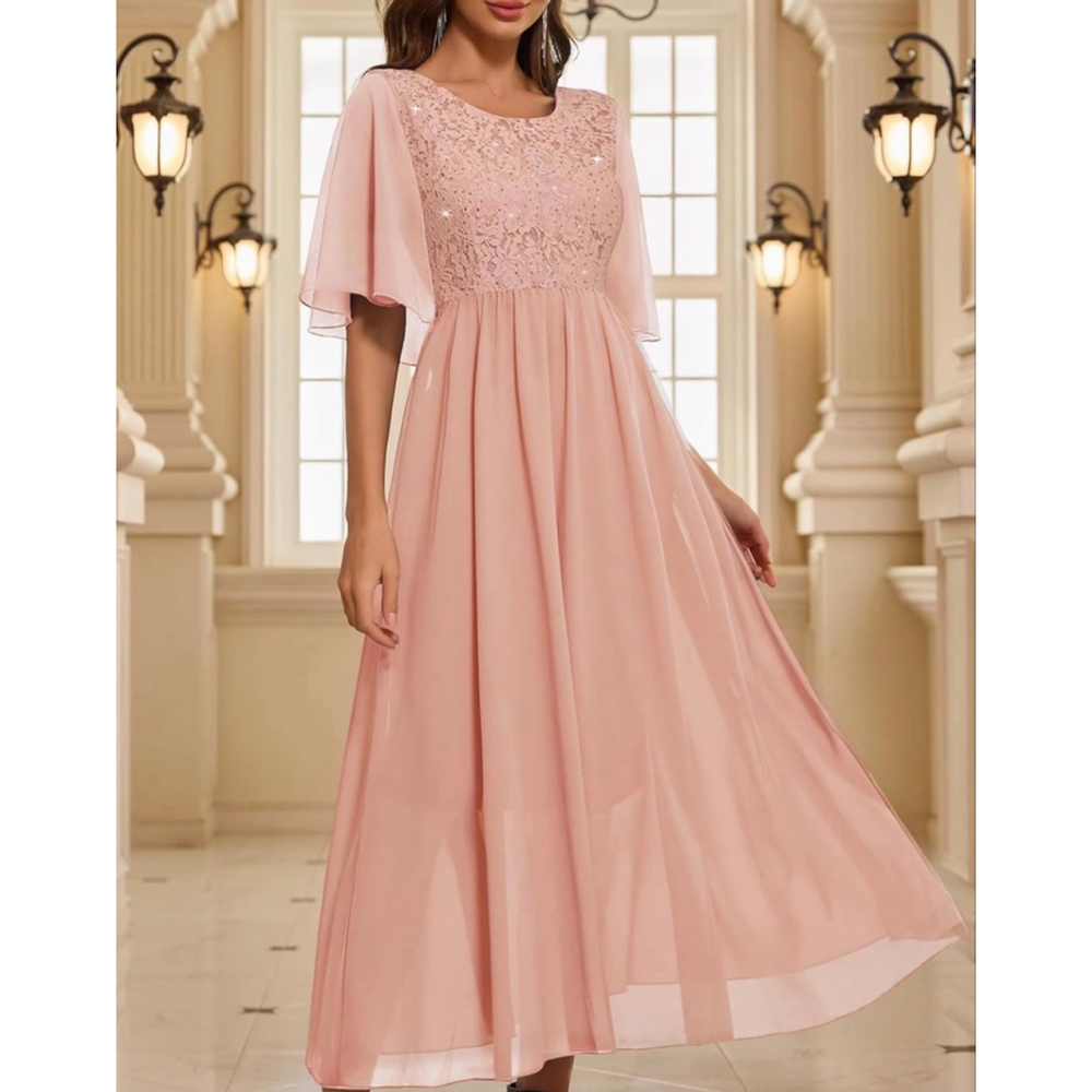 NEW Pink Wedding Guest Cocktail Formal Cape Ruffle Long Maxi Dress XL - Picture 4 of 9